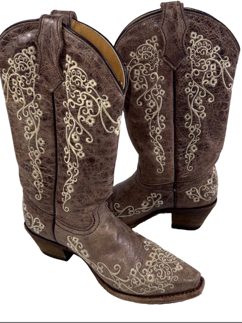 Corral Teen’s Girl’s 2.5 Crater Bone Embroidery Western Boots Square Toe EUC